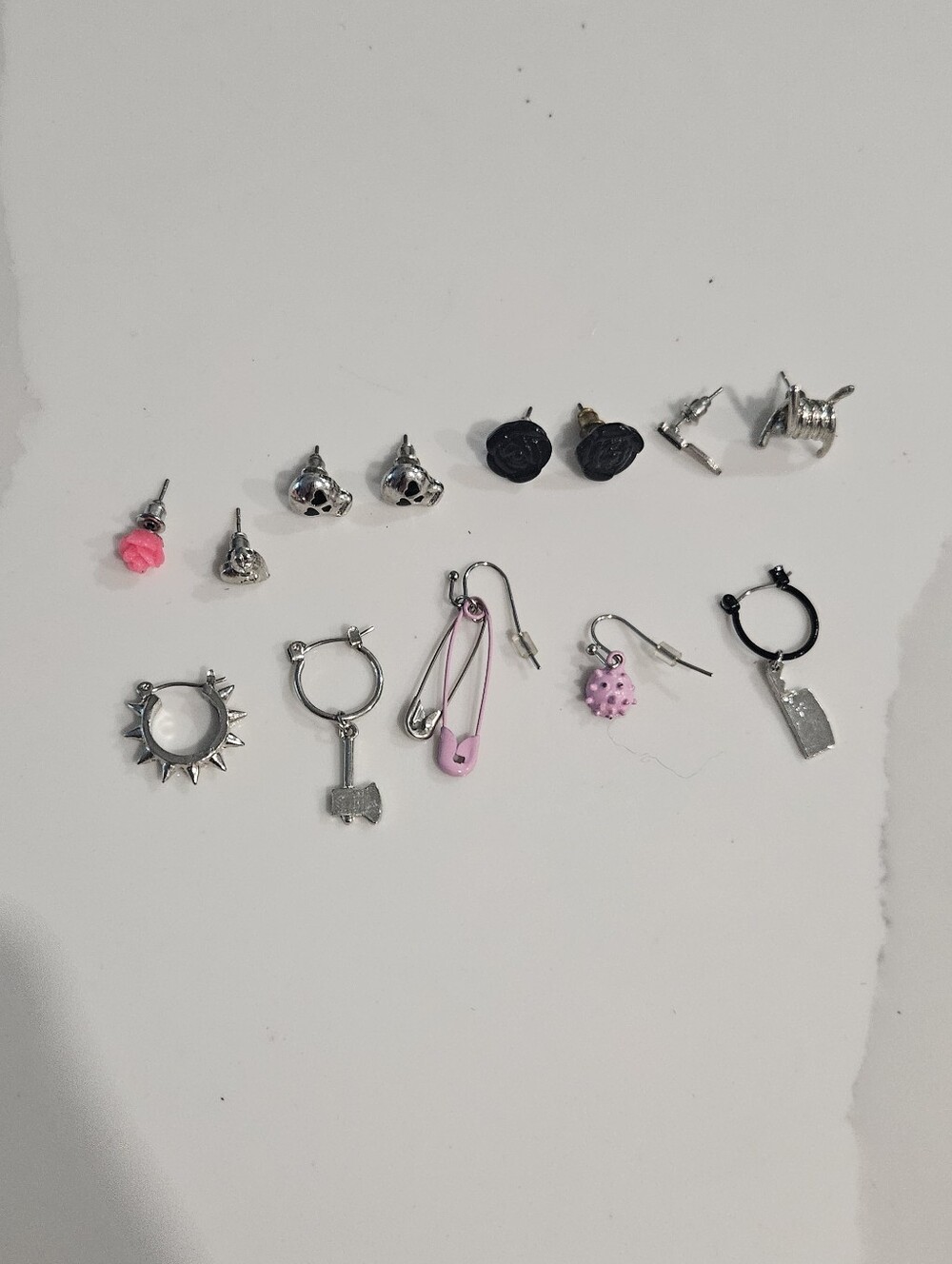 Assorted Pink & Silver Punk Earring Set - Cute Safety Pin & Stud Earring Lot